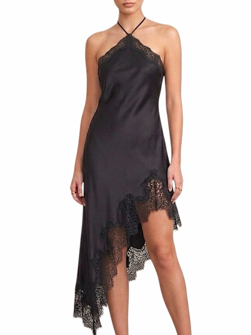 REVOLVE Camila Coehlo black satin lace asymmetrical hem minimalist slip dress M